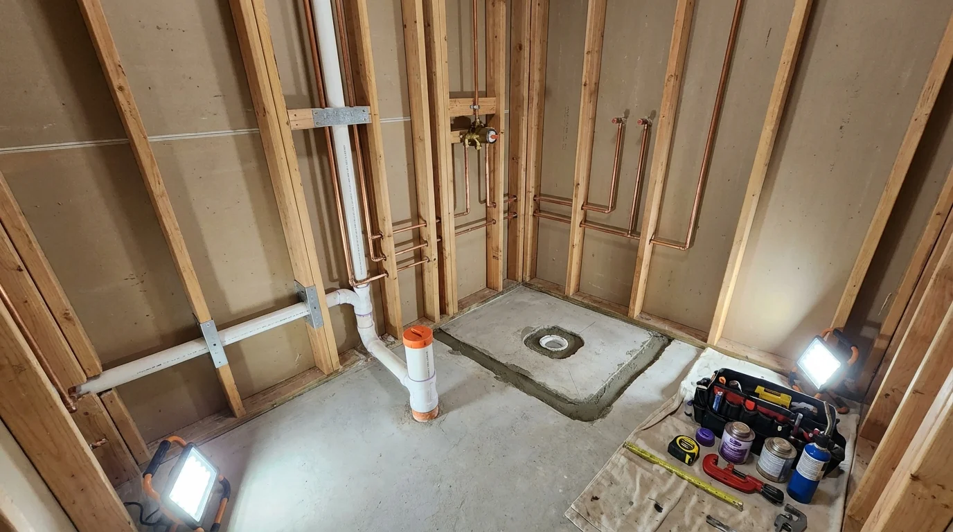 Bathroom rough-in plumbing during remodel by Johns Plumbing LLC in Livonia