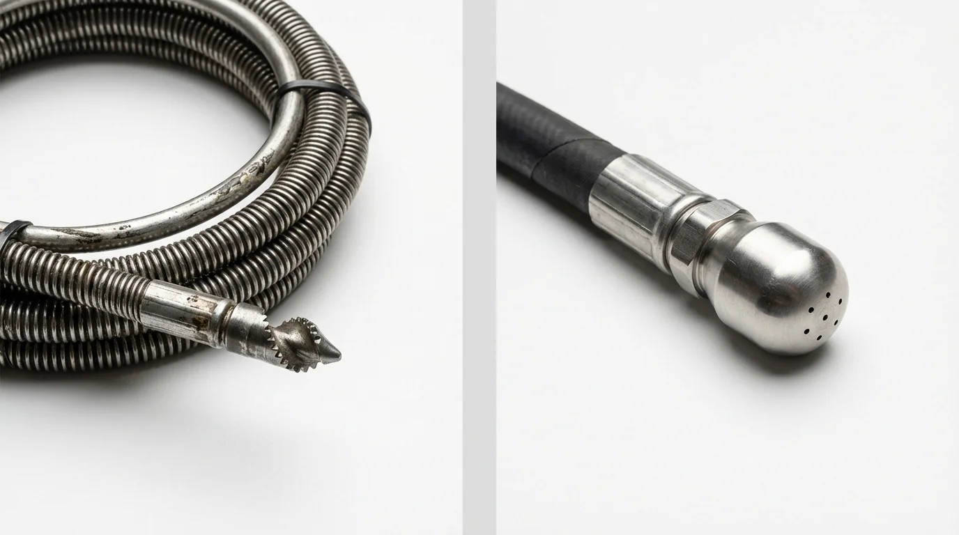 Drain snake cable and hydro jetting nozzle used for drain cleaning in Livonia, NY