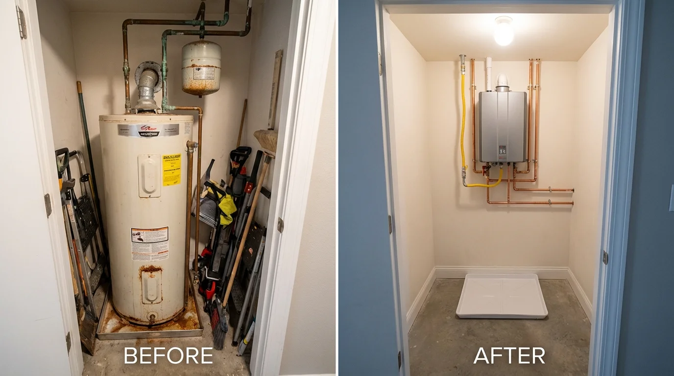 Tank water heater versus wall-mounted tankless unit comparison for Livonia, NY homeowners