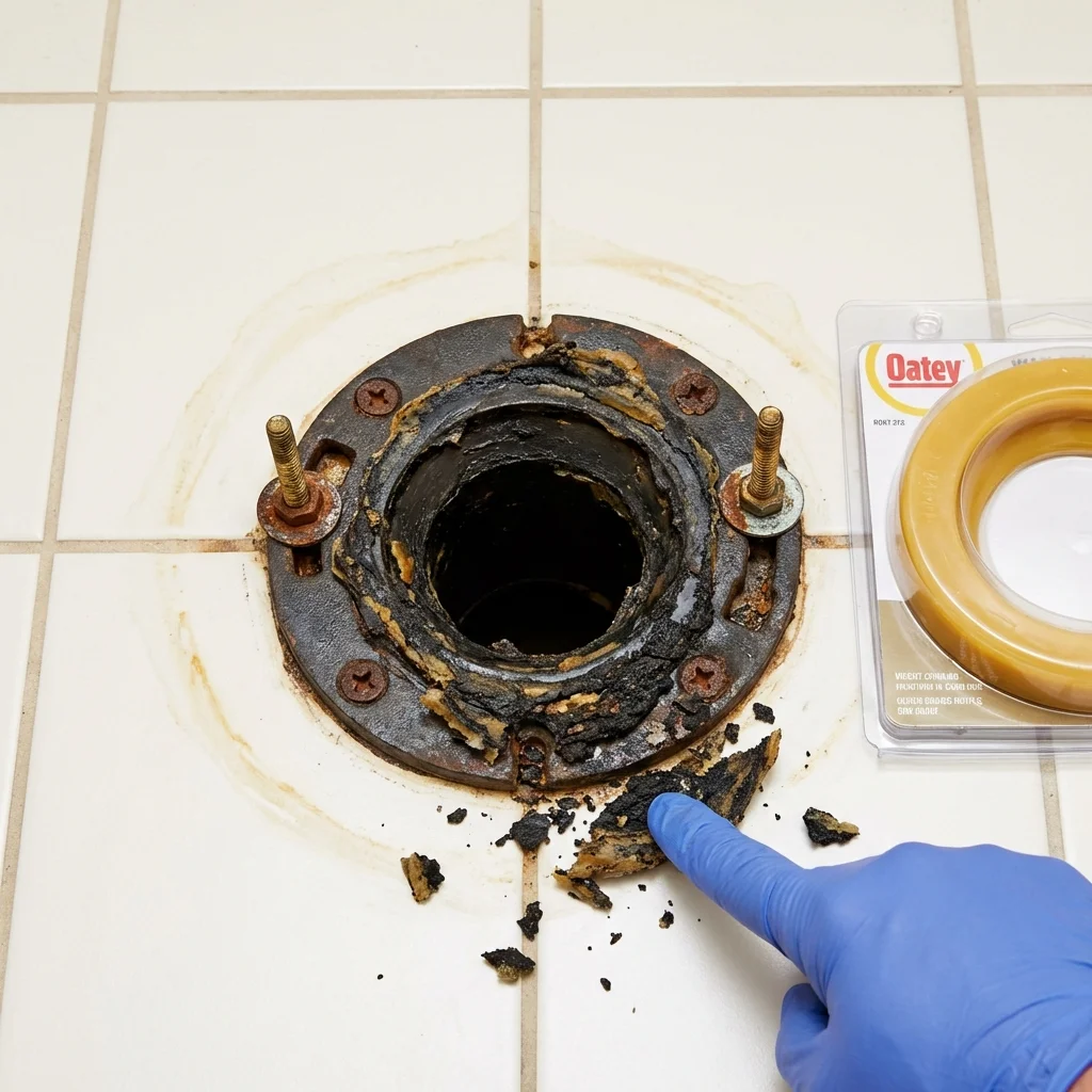 Failed wax ring showing water seepage at the base of a toilet in a Livonia, NY home