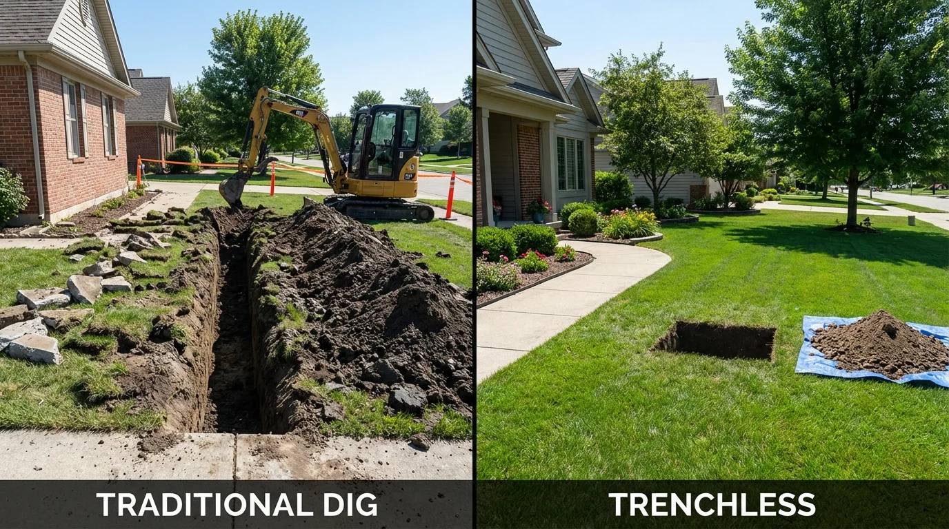 Trenchless sewer repair with minimal yard damage versus traditional excavation in Livonia, NY