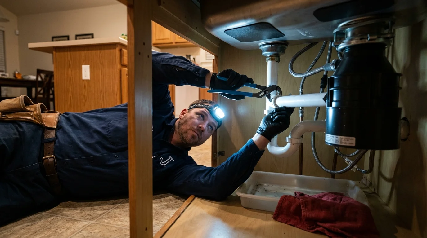 P-trap and supply line connections under a kitchen sink showing a common leak point in Livonia, NY